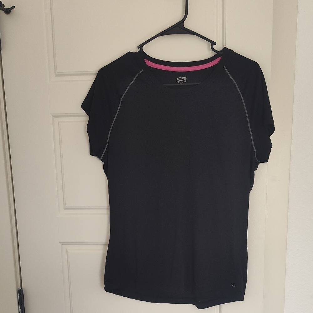 Champion Black Short Sleeve Athletic Tee with Pink Neck Trim